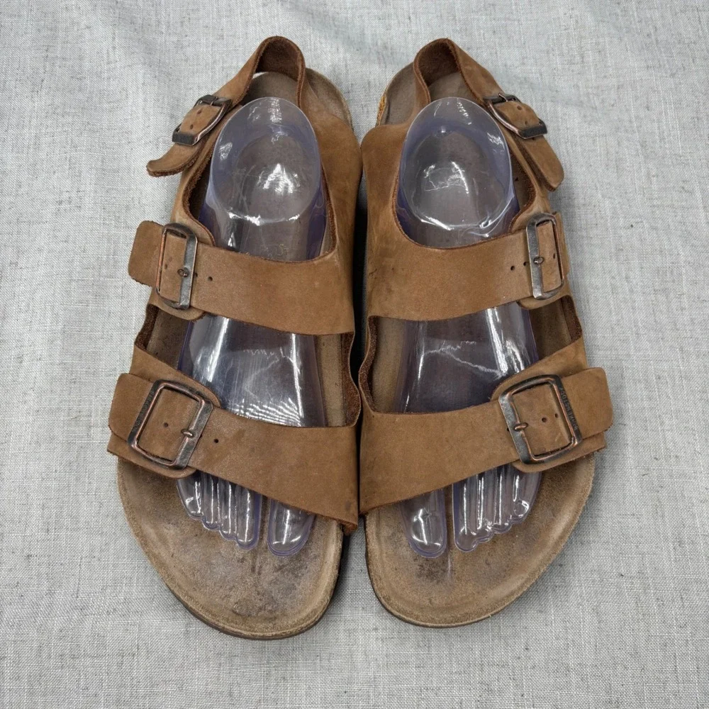 Birkenstock Milano Sandals Oiled Brown Leather Buckle Slip On Men's EU 45